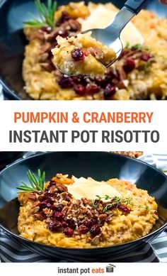 pumpkin and cranberry instant pot risotto in a skillet with a spoon