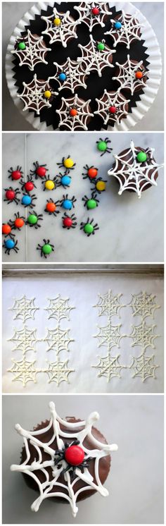 three different pictures of decorated cookies on top of each other with spider webs in the middle