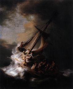 a painting of people on a boat in the ocean