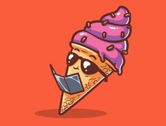 an ice cream cone with a face wearing a purple hat on it's head