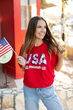 Show your love for the USA with our comfy USA Mama tee!! Whether you are celebrating the Fourth Of July or running errands this is the perfect tee for all the moms!! Please note that our TSL tees run about 1/2 a size smaller than our Jadelynn Brooke tees. *Model is wearing a medium* 100% cotton Measurements By Size Small 2/4 Medium 6/8 Large 10/12 XL 14/16 XXL 18/20 Mom mother madre mum mommy ma momma patriotism motherhood stars and stripes flag america us freedom proud red, white and blue Blue Names, Mama Tee, The Fourth Of July, Navy Shorts, Stars And Stripes, Red Shorts, Red White And Blue, Fun Bags, 2 A