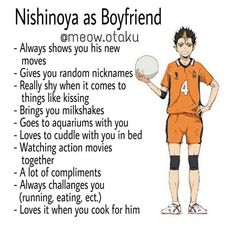 a man in an orange uniform holding a white frisbee with the words nishinya as boyfriend on it