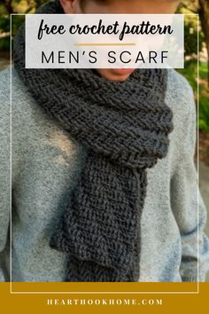 a man wearing a knitted scarf with the text free crochet pattern men's scarf