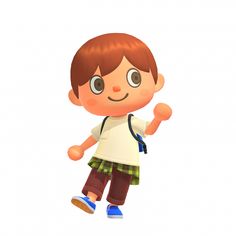 a little boy with brown hair wearing a white t - shirt and green plaid pants