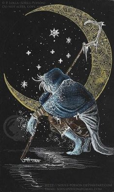 a drawing of a person sitting on the moon with an arrow in his hand and stars above