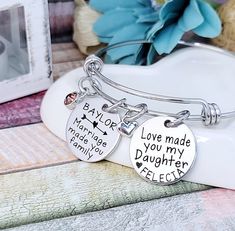 "Blended Family Gift, Marriage made you family ♥ Love made you my daughter Bangle bracelet! This makes the perfect gift to your adoptive daughter, step daughter, or daughter in law. Perfect gift for the daughter of the bride or the daughter of the groom. This item can be personalized with your daughter's name and a custom \"from\" name as well. To order this item please read the information below. TO PERSONALIZE Add item to your cart...in the cart - you will see a note box...in the note box tell Mother's Day Wedding Name Charm Bracelet, Wedding And Mother's Day Name Charm Bracelet, Wedding Charm Bracelet For Mother's Day, Personalized Adjustable Bracelets For Wedding Gift, Personalized Adjustable Bracelets As Wedding Gift, Personalized Bracelets As Wedding Gift For Valentine's Day, Engraved Charm Bracelet For Wedding And Mother's Day, Personalized Bracelets For Wedding Gift, Valentine's Day, Adjustable Bracelet For Wedding Gift On Mother's Day