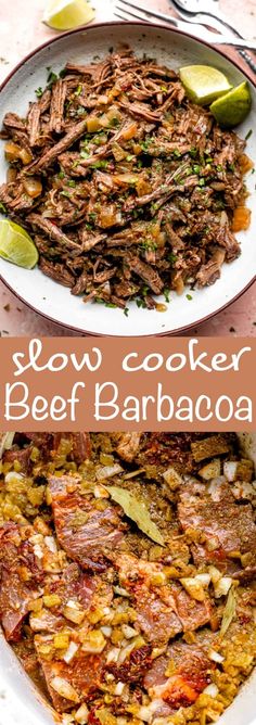 slow cooker beef barbacoa recipe on a white plate with lime wedges