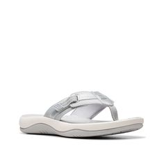 Clarks-Cloudsteppers Sunmaze Tide Sandal Elevate your beachwear with Cloudsteppers Sunmaze Tide sandals from Clarks. The classic flip flop silhouette features a casual style that's perfectly for laidback days, as well as a supportive Cusionsoft footbed to provide ultimate comfort. Clarks Cloudsteppers, Flip Flop, Casual Style, Metallic Silver, Flip Flops, Sandals, Silver