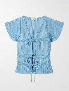 SEA Parcie plissé-poplin top | NET-A-PORTER Fitted Pleated Summer Tops, Blue Pleated Summer Tops, Blue Pleated Tops For Summer, Fitted Cotton Pleated Top, Chic Fitted Tiered Tops, Fitted Tiered Tops With Ruffle Hem, Plisse Top, Blue Ruffle Top, Denim Flats