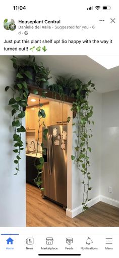 a refrigerator with plants growing on it in a kitchen