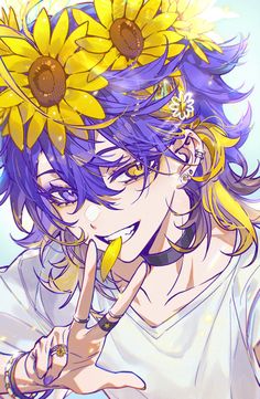 an anime character with purple hair and sunflowers on her head