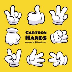 cartoon hands with different gestures on yellow background