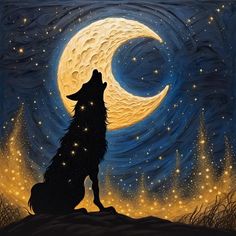 a painting of a wolf sitting on top of a hill looking up at the moon