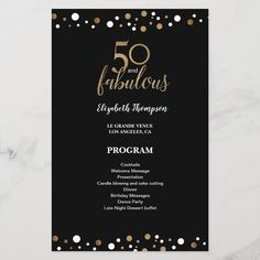 the black and gold 50th anniversary program is displayed on a marble table with confetti