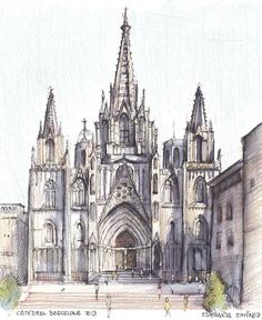 a drawing of a cathedral with people walking around it