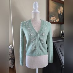 Zara Pearl Embellished Women's Cardigan Sweater New Sz. Small Mint Green Chic Winter Embellished Cardigan, Winter Embellished Long Sleeve Cardigan, Embellished Long Sleeve Cardigan For Winter, Long Sleeve Embellished Cardigan For Winter, Spring Fitted Embellished Cardigan, Fitted Embellished Spring Cardigan, Embellished Fitted Sweater For Spring, Embellished Long Sleeve Cardigan, Chic Embellished Spring Sweater