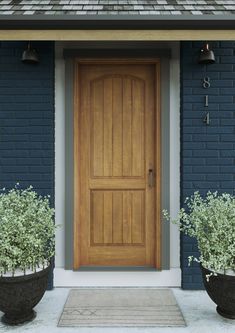 two large planters with plants in front of a wooden door on a blue brick house