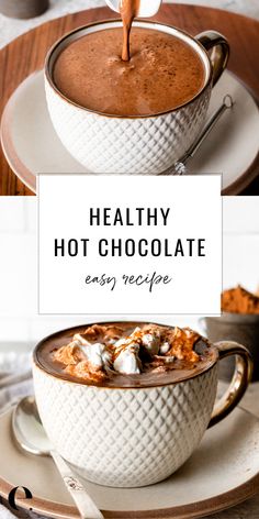 healthy hot chocolate recipe with marshmallows in a white bowl on a plate