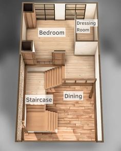 the floor plan for a tiny house with stairs and living room areas, including dining area