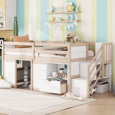 a child's bedroom with a bunk bed, dresser and toy chest in the corner