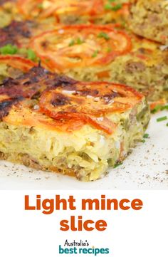 a close up of food on a plate with the words light mince slice above it