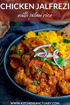 a blue bowl filled with chicken and rice next to a side of bread on a table