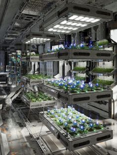 an industrial planter filled with lots of green plants and blue lights on the ceiling