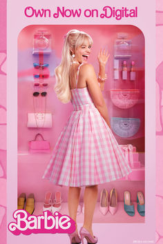 a barbie doll is standing in front of a pink display case with shoes and handbags