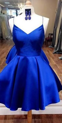 Royal Blue Satin Plunge V Spaghetti Straps Short Homecoming Dress, Formal Dress on Luulla Blue A-line Satin Dress For Wedding, Blue Satin V-neck Dress For Party, Blue A-line Satin Dress For Spring, Royal Blue Satin Dress For Prom Season, Royal Blue Satin Dress For Prom, Blue A-line Satin Mini Dress, Blue Satin A-line Mini Dress, Fitted Royal Blue Satin Dress, Royal Blue Fitted Satin Dress