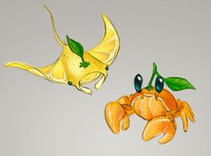 two oranges with green leaves on them next to a yellow crab