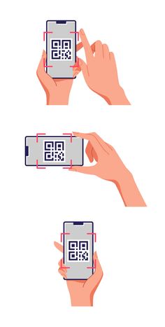 two hands holding up smart phones with qr code on the screen, and another hand holding