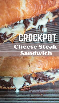 two crockpot cheese steak sandwiches sitting on top of a grill with text overlay that reads, crockpot cheese steak sandwich