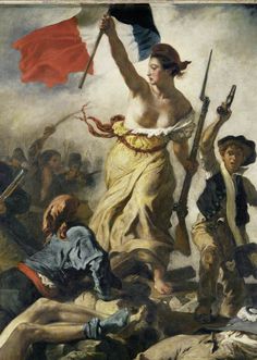 a book cover with an image of a woman holding a flag in front of other people