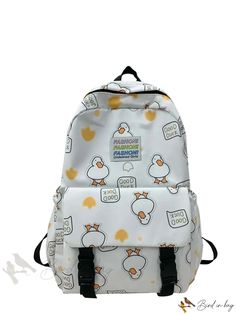 Bird in Bag - Portable Classic Casual Patchwork Little Duck Print Capacity Multi-Pocket Student Backpack School Supplies Perfect for School, College, Elementary School, Casual Student Backpack With Functional Pockets, Trendy White Backpack With Pockets, Cute Standard Backpack With Pockets, White Backpack With Pockets For Back To School, White Backpack With Pockets For Daily Use, Casual Bags With Side Pockets For Back To School, Casual Back To School Bags With Side Pockets, White Casual Backpack With Zipper Pocket, Casual White Backpack With Zipper Pocket