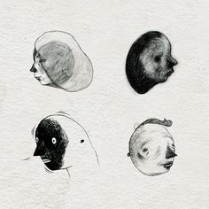 four different types of heads are shown in black and white