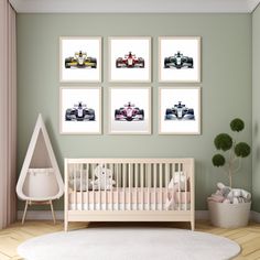 a baby's room with green walls and pictures on the wall, including a crib