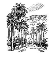 the hollywood sign with palm trees and mountains in the background, vintage line drawing or engraving