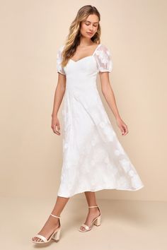 Sweetest Behavior White Embroidered Puff Sleeve Midi Dress Mid Size Graduation Dress, Feminine Floral Embroidered Midi Dress For Wedding Guest, Short Sleeve Organza Dresses For Garden Party, Organza Short Sleeve Dress For Garden Party, Organza Dresses For Garden Party, White Puff Sleeve Organza Dress, White Organza Dress With Puff Sleeves, Organza Floral Embroidery Dress With Sweetheart Neckline, Summer Fitted Organza Embroidered Dress