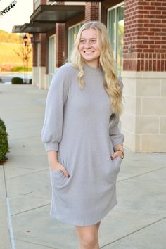 Brushed light grey half sleeve mock neck dress with side pockets Sizes S, M and L Fabric: 82% polyester, 14% rayon, 4% spandex Mock Neck Dress, Half Sleeve, Half Sleeves, Mock Neck, Jumpsuit Romper, Neck Dress, Light Grey, Rompers, Spandex