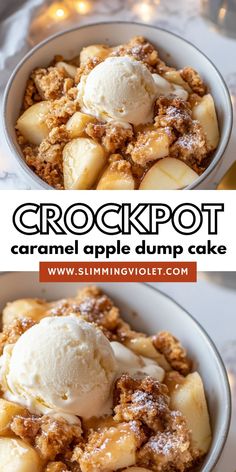 two bowls filled with crockpot caramel apple dump cake and ice cream on top