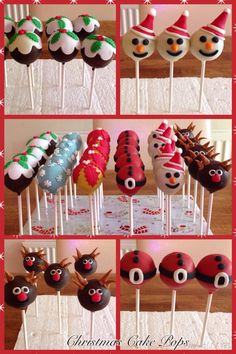 there are many different types of cake pops on the table with santa hats and reindeer noses