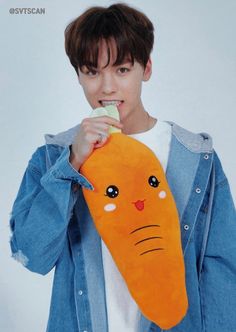 a person holding a stuffed carrot in front of their face