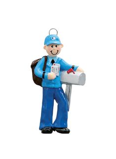 a man with a mailbox ornament is holding a bag and a piece of paper