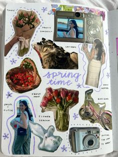 an open book with pictures and words on the pages, including flowers, photos, and other things