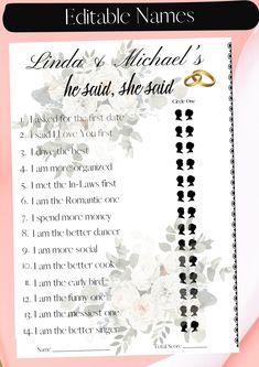 the printable wedding game is shown with flowers and rings on it's side