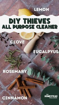 lemon, rosemary, cinnamon, and cloves on a tile floor with the words diy themes all purpose cleaner