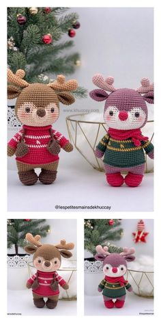 crocheted stuffed animals are shown in three different poses