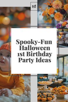 the words spooky - fun halloween 1st birthday party ideas are overlaid with images of cakes and cupcakes