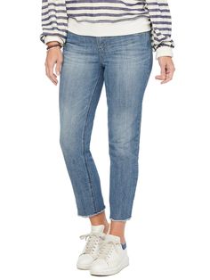 High-waisted with frayed hems, our cropped slim straight jeans are the perfect throw on and go, 7-day a week essential. In a soft cotton-spandex blend, these are stretch-kissed with 1% spandex and constructed with our signature "Ab"solution® fit technology that shapes, smooths, and lifts in all the right places. Blue wash 1% spandex Zip fly with button closure 5-pockets Whiskering and fading Scallop fray hem Hidden elastic no-gap waistband Built-in power mesh panels for tummy control Slightly ar Ankle Length Jeans, Slim Straight Jeans, Subscription Box, Cropped Jeans, Cropped Pants, Straight Jeans, Cotton Spandex, Jeans Pants, Ankle Length