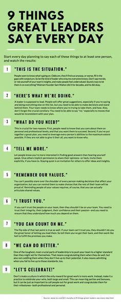 a green poster with the words 9 things great leaders say every day on it's back